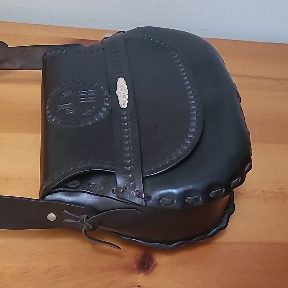 Boho Black Leather Shoulder Bag Tooled Leather Purse